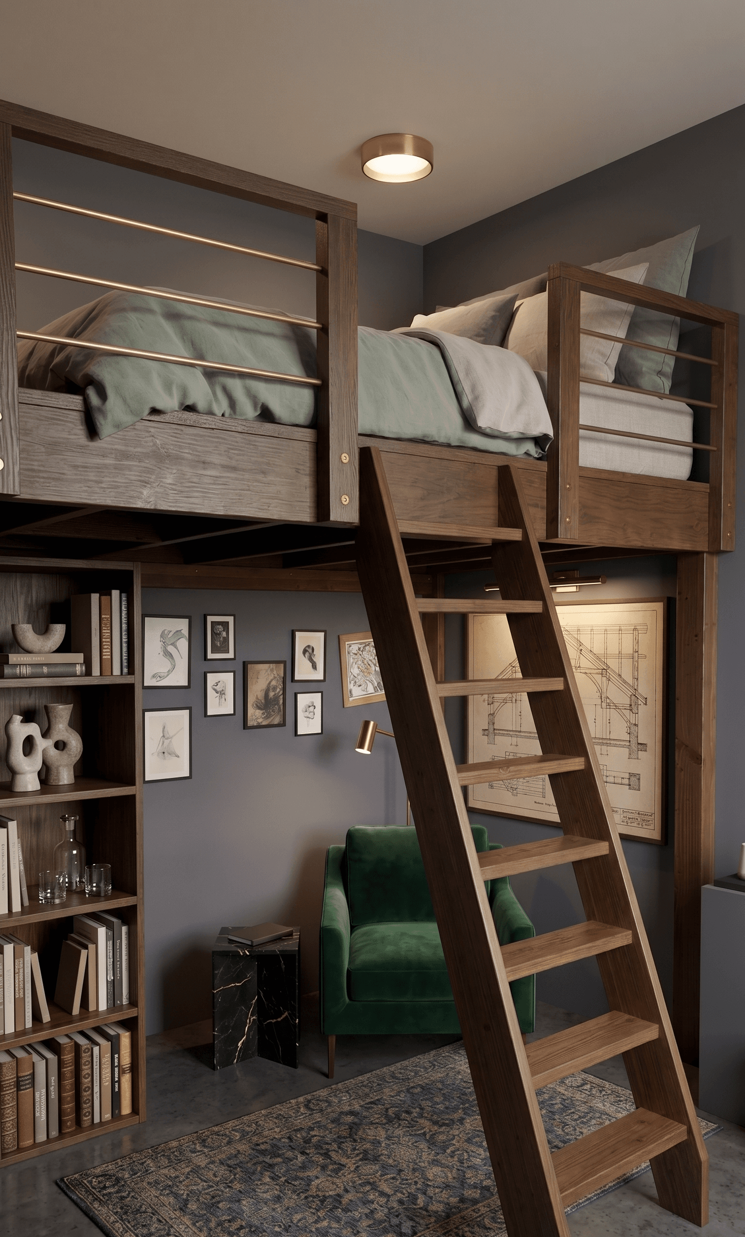 Mezzanine en pin Douglas naturel avec bureau intégré et espace de vie — Intervention Nantes, Pornic, Côte de Jade